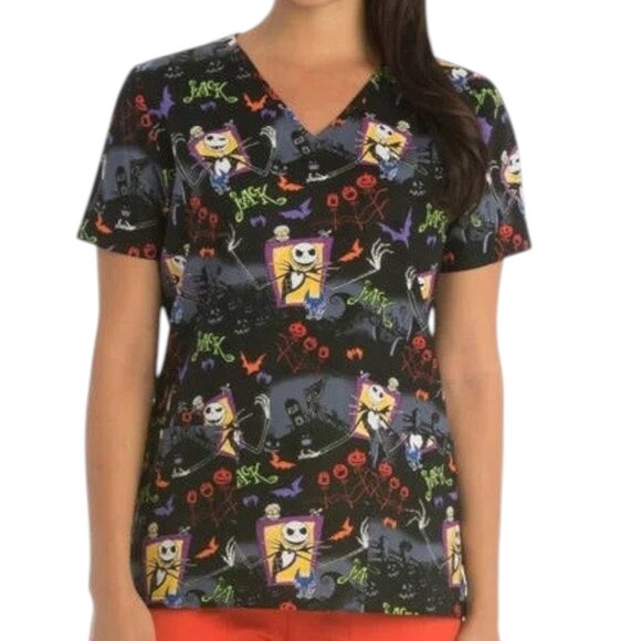 Christmas Nightmare Before Halloween Jack-O-Lantern Scrub Top Size Large EUC - Picture 1 of 6